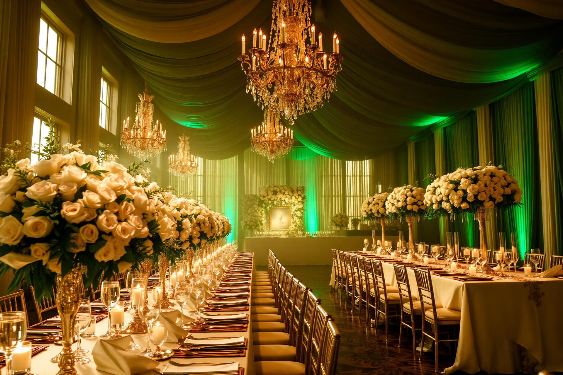 Luxury wedding reception with chandeliers and floral arrangements